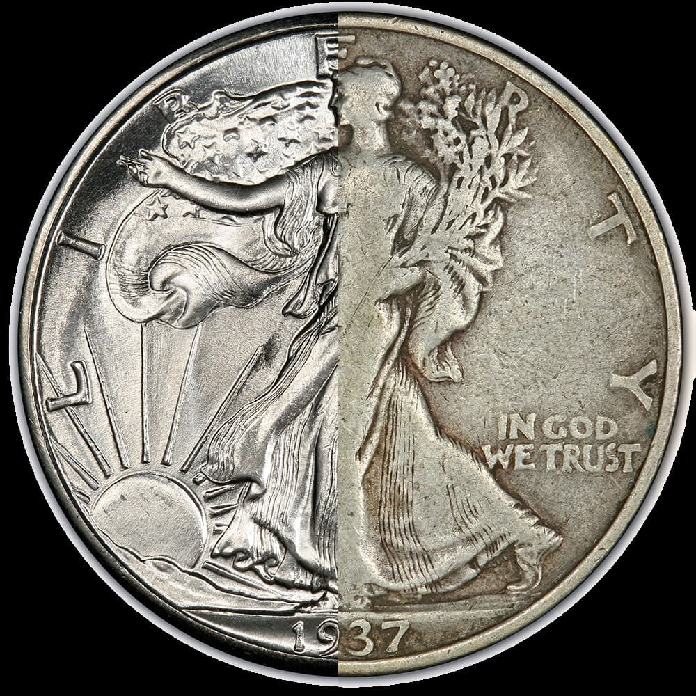 1937 Walking Liberty half dollar split: mint-state 65 on the left, Fine 15 on the right