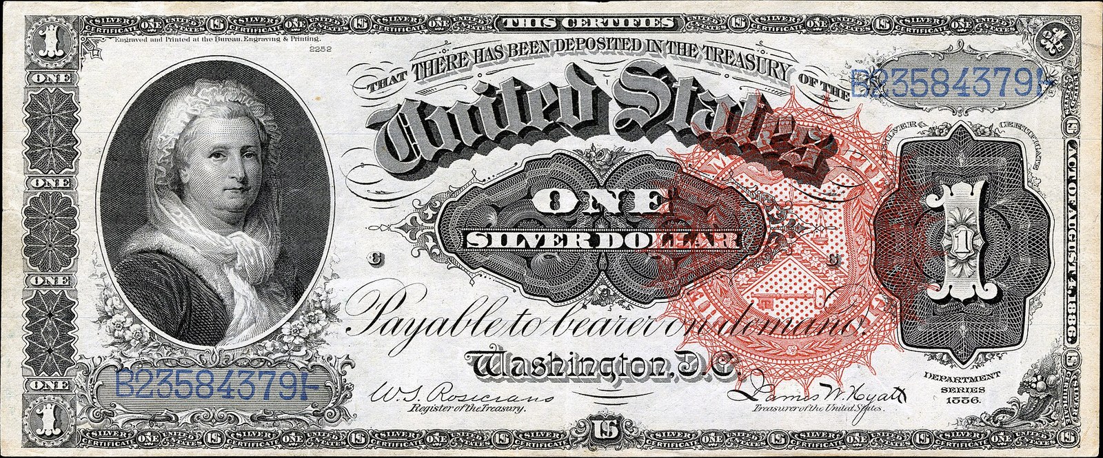 Series of 1886 $1 Silver Certificate featuring Martha Washington
