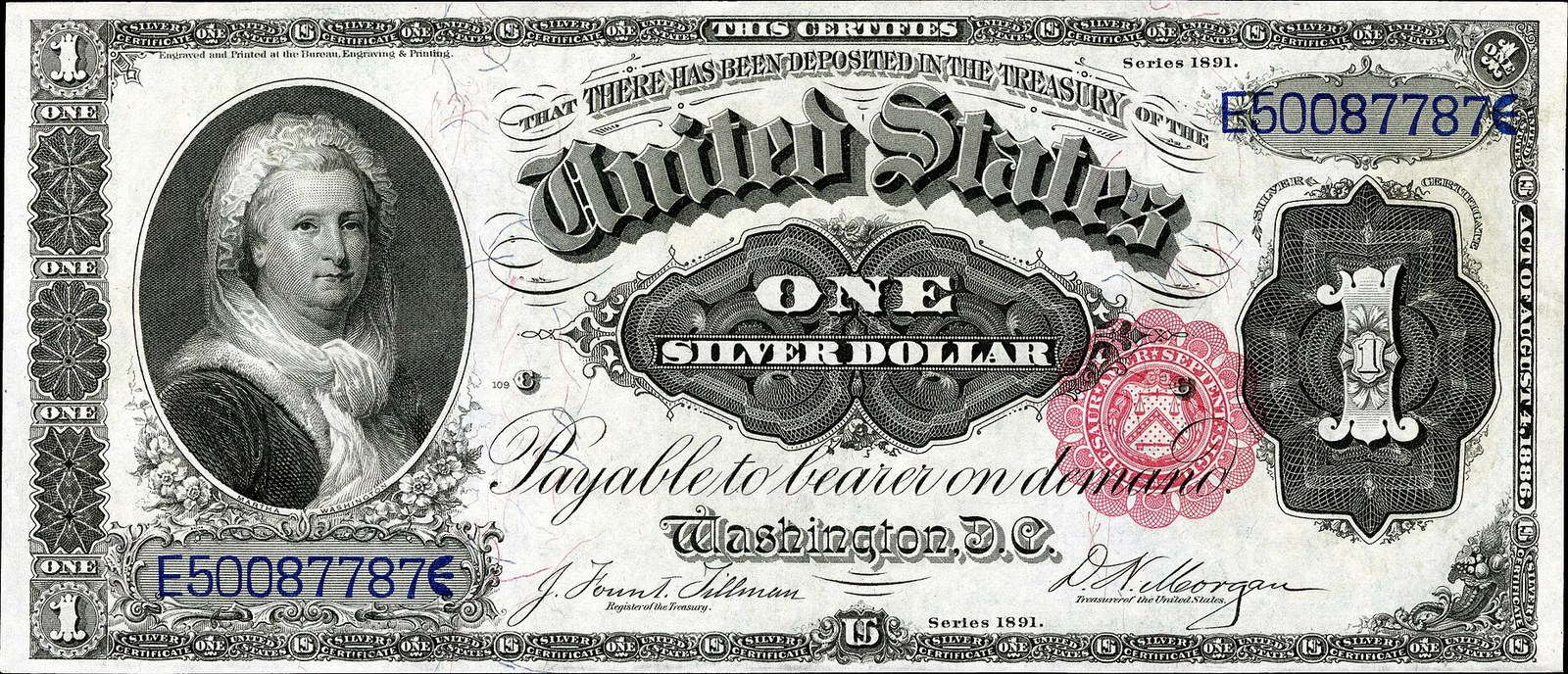 Series of 1891 $1 Silver Certificate featuring Martha Washington