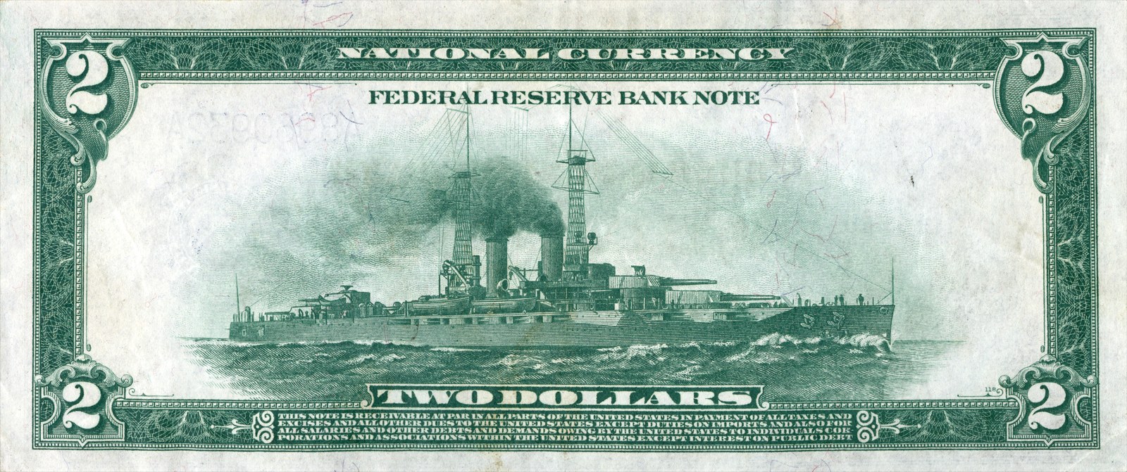 Battleship back of the 1918 $2 FRBN