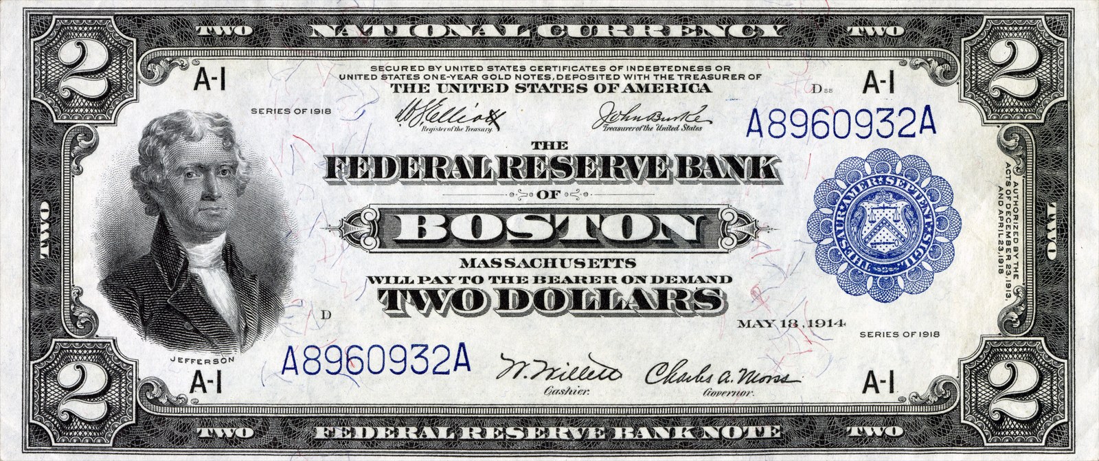 1918 $2 Federal Reserve Bank Note, face