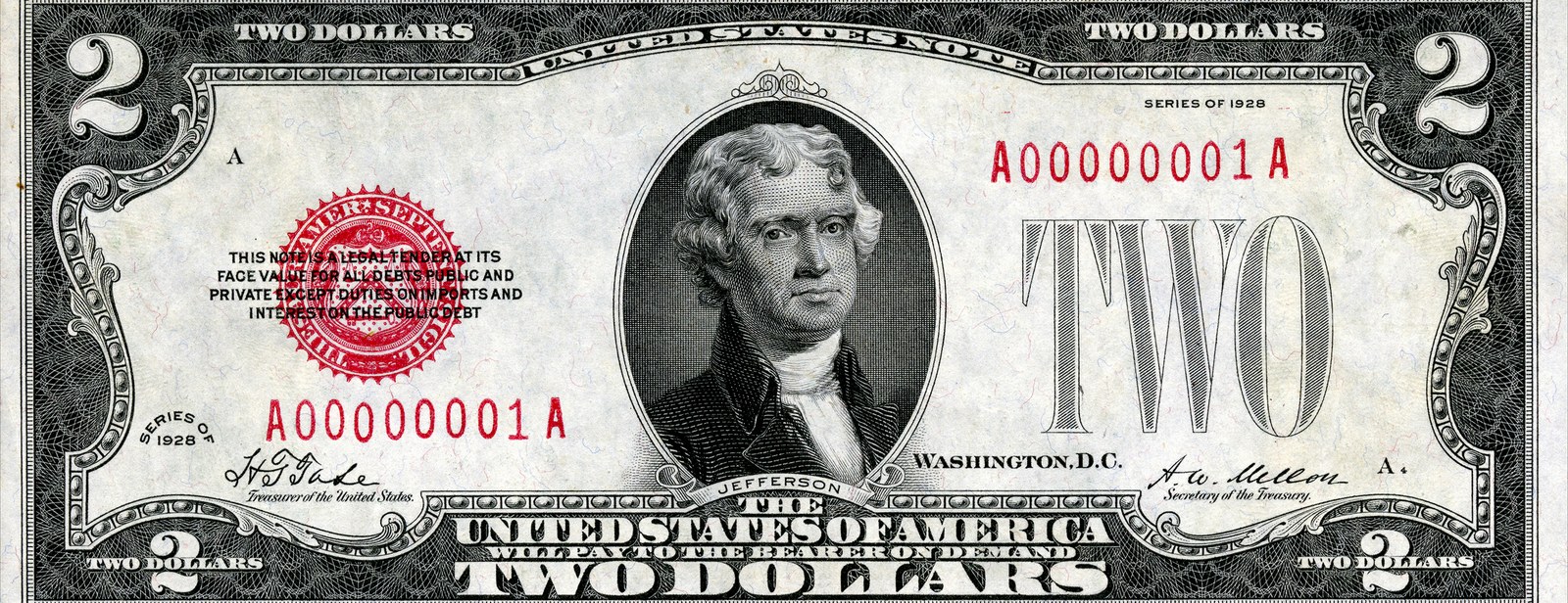 Series of 1928 $2 United States Note, red seal at left
