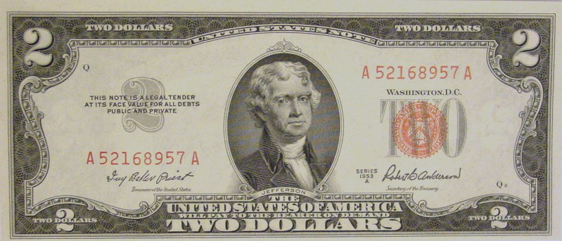 Series 1953 $2 United States Note, red seal at right