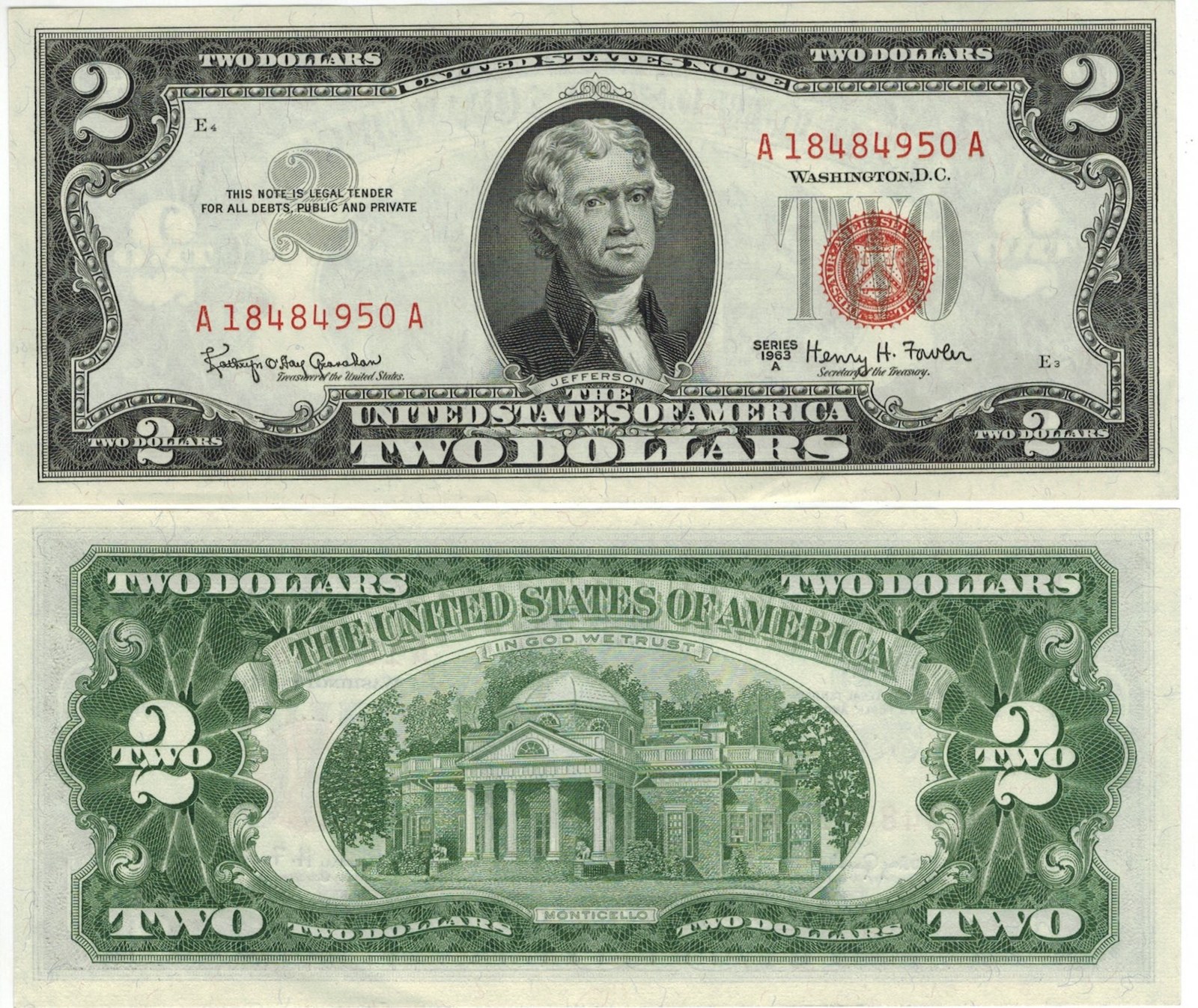 Series 1963A $2 United States Note, face and back