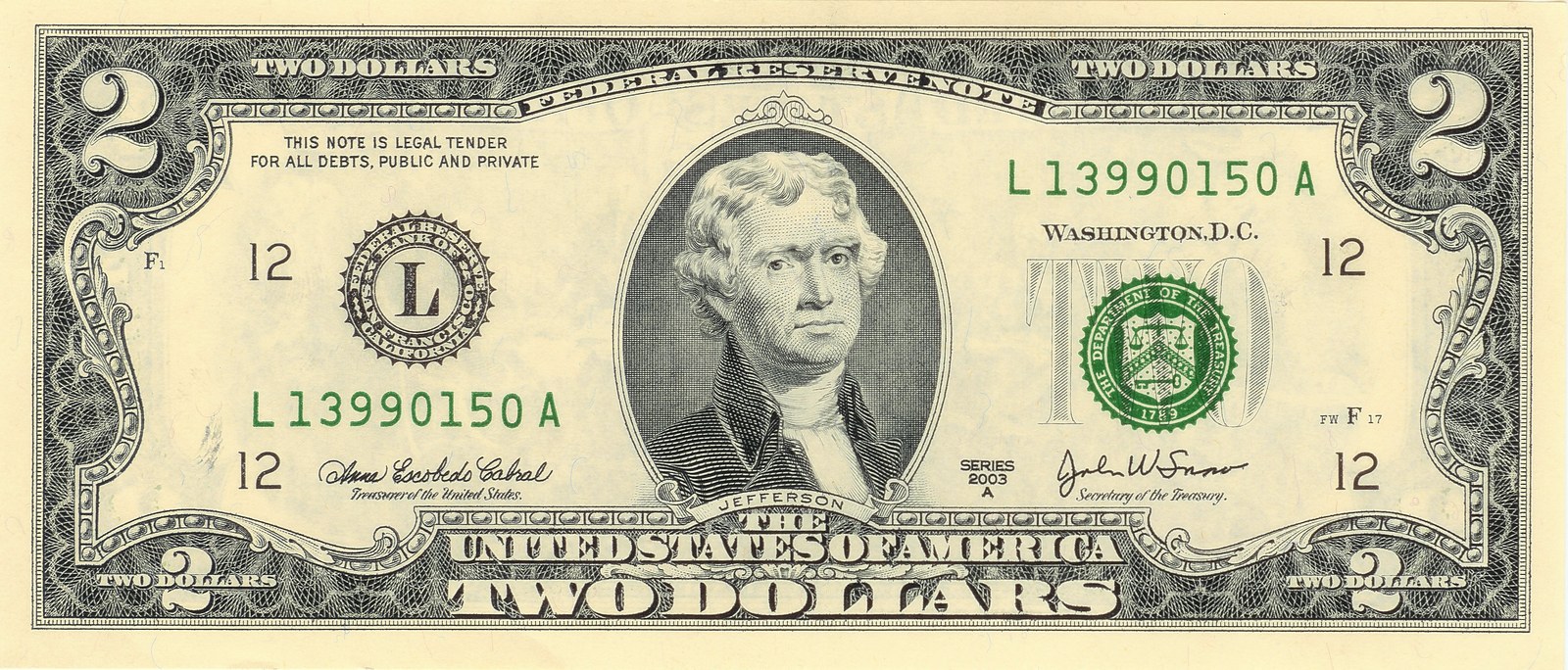 Face of a small-size Federal Reserve $2