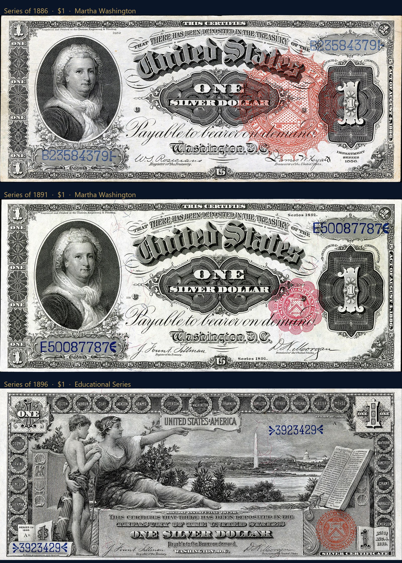1886, 1891, and 1896 $1 Silver Certificates compared