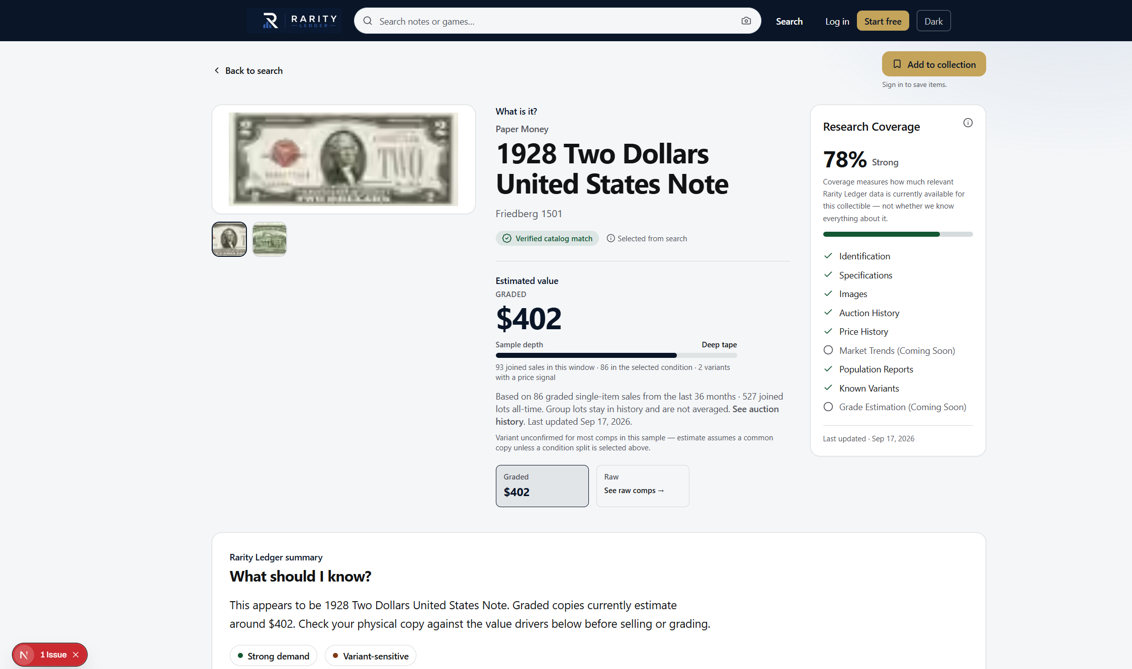 Rarity Ledger page for the 1928 $2 United States Note